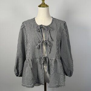 Gingham Babydoll Tie-Front Peplum Blouse with Puff Sleeves XL NWT